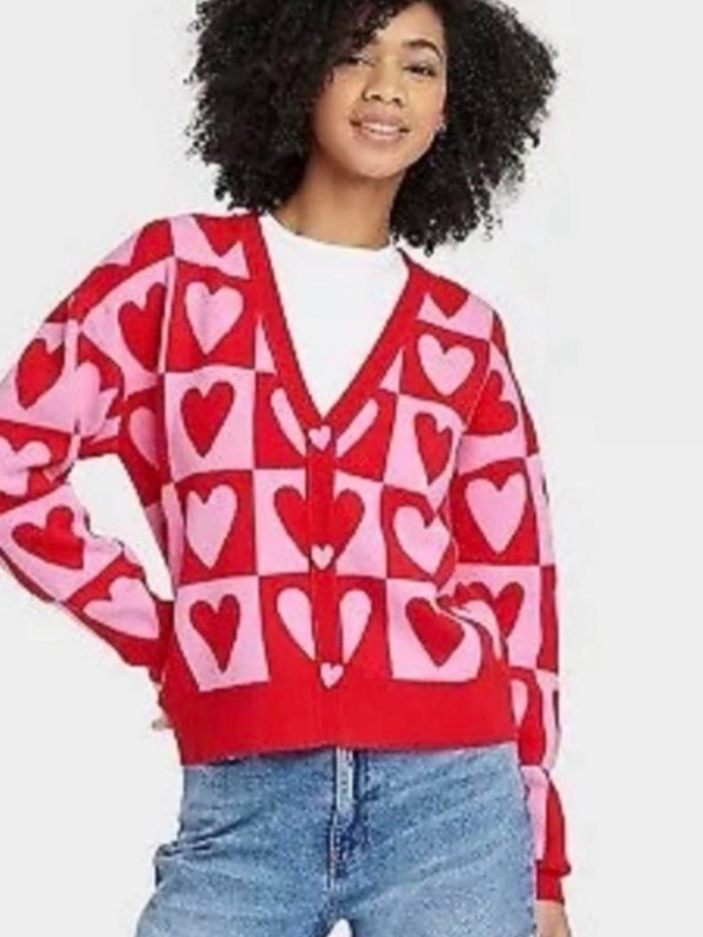 33 Degrees Red and Pink Heart Button Front Cardigan Sweater